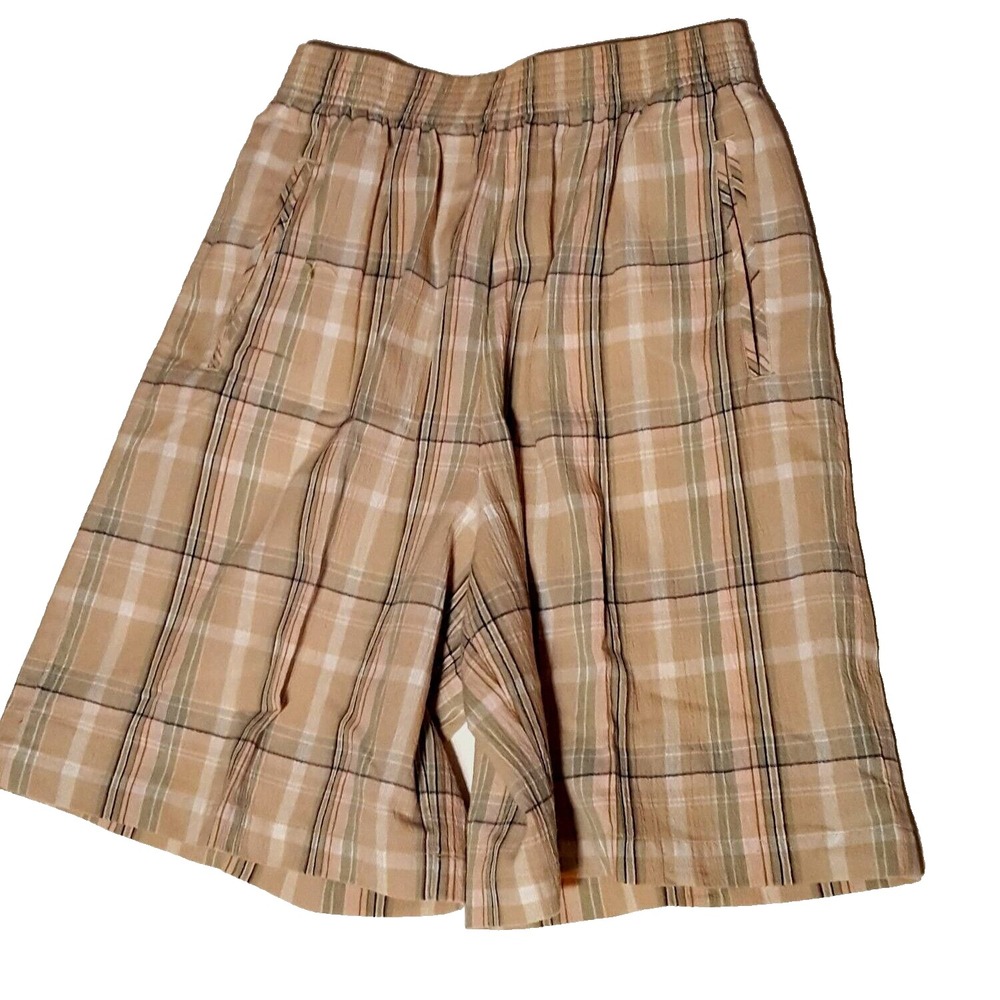 Vintage 80s Womens Shorts Size S High Rise Green Tan Plaid Elastic Waist Pockets